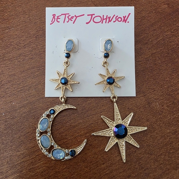 Betsey Johnson Celestial Moon Star Dangle Earrings Gold Blue - Picture 1 of 4